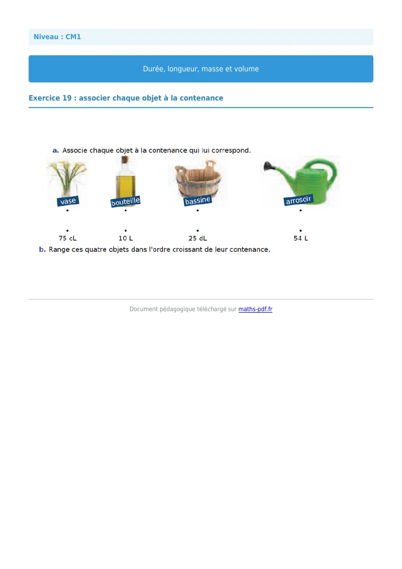 Durée, longueur, masse et volume : exercice n°19 de maths en CM1 corrigé en PDF