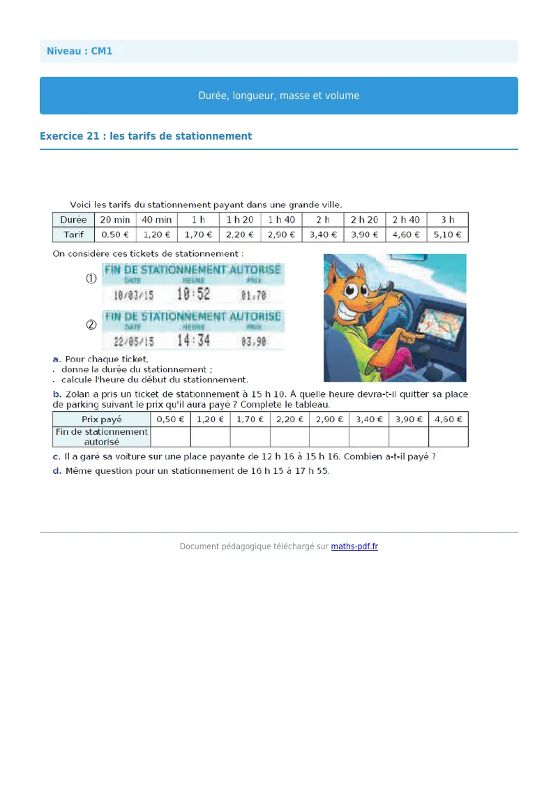 Durée, longueur, masse et volume : exercice n°21 de maths en CM1 corrigé en PDF