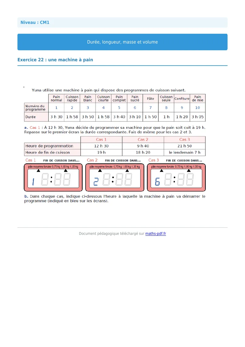 Durée, longueur, masse et volume : exercice n°22 de maths en CM1 corrigé en PDF