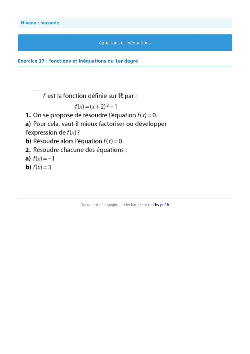 Les équations et inéquations : exercice n°17 de maths en seconde corrigé en PDF