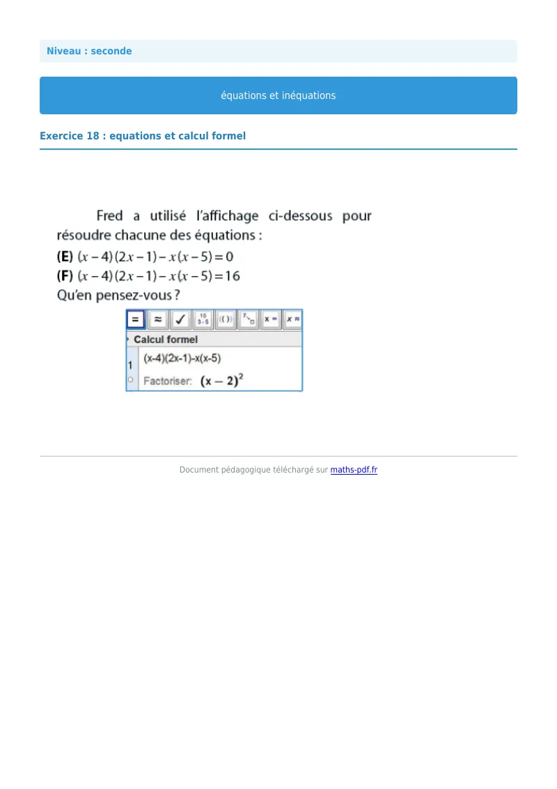 Les équations et inéquations : exercice n°18 de maths en seconde corrigé en PDF