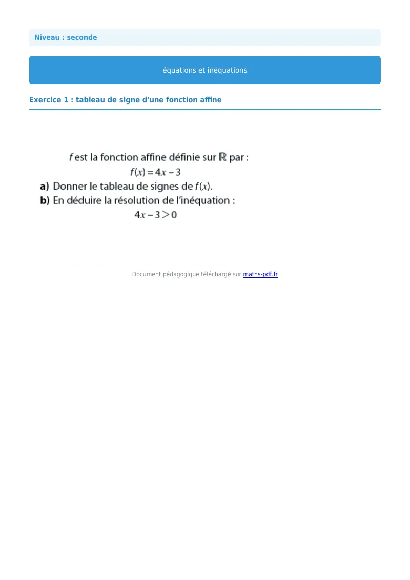 Les équations et inéquations : exercice n°1 de maths en seconde corrigé en PDF