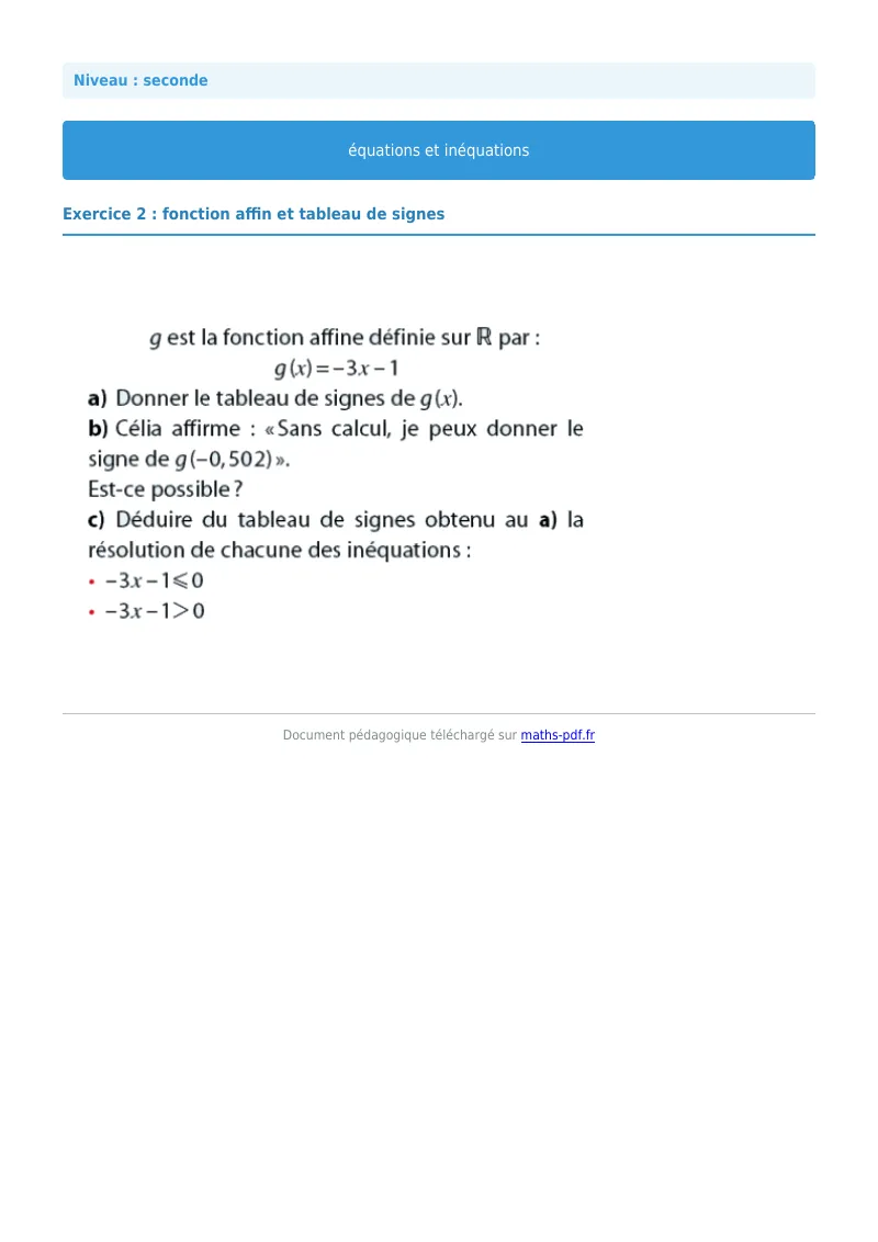 Les équations et inéquations : exercice n°2 de maths en seconde corrigé en PDF