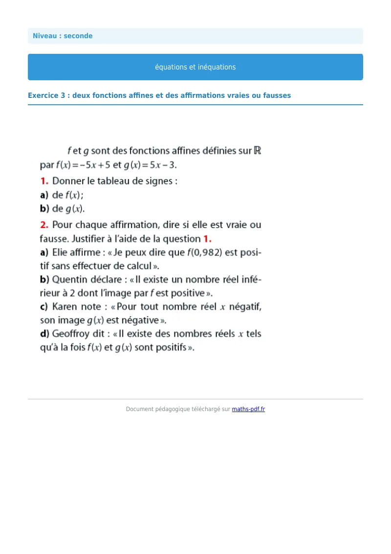 Les équations et inéquations : exercice n°3 de maths en seconde corrigé en PDF