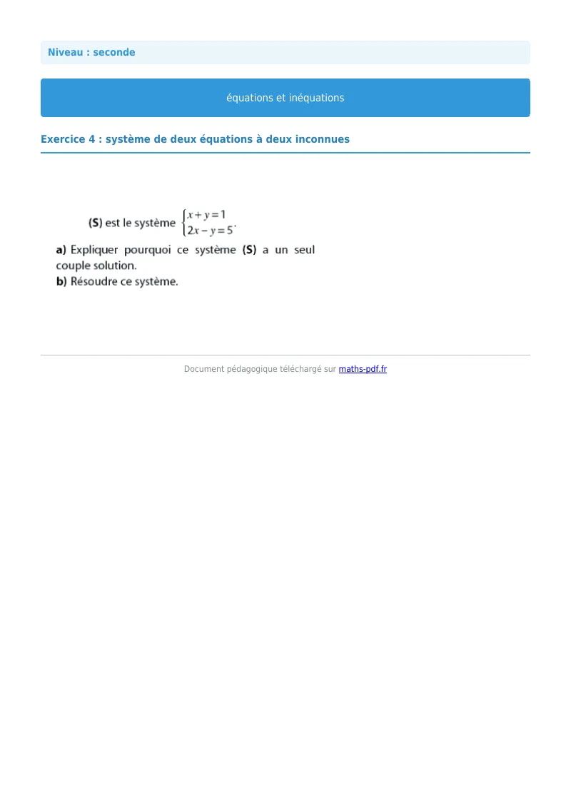Les équations et inéquations : exercice n°4 de maths en seconde corrigé en PDF