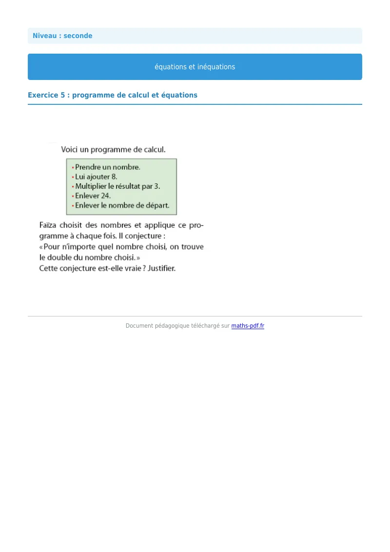 Les équations et inéquations : exercice n°5 de maths en seconde corrigé en PDF