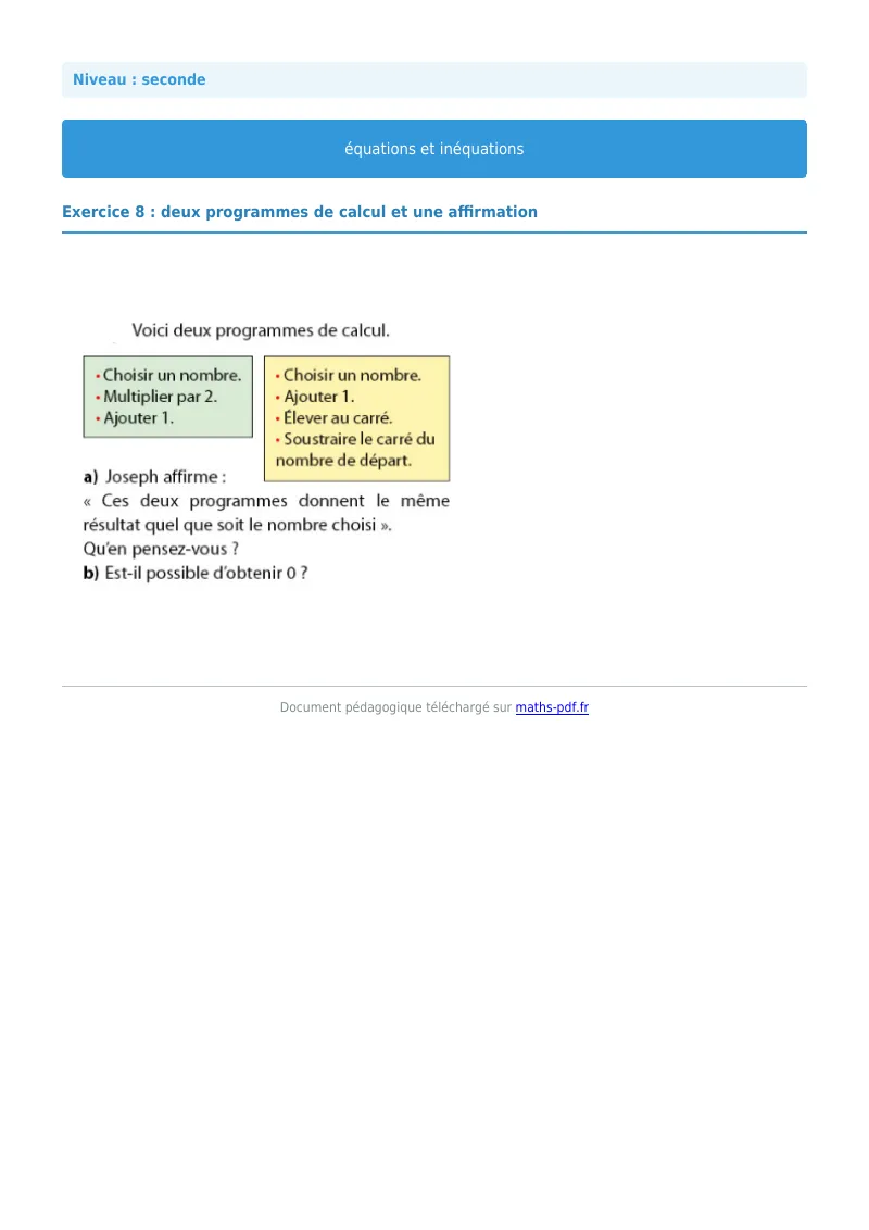 Les équations et inéquations : exercice n°8 de maths en seconde corrigé en PDF