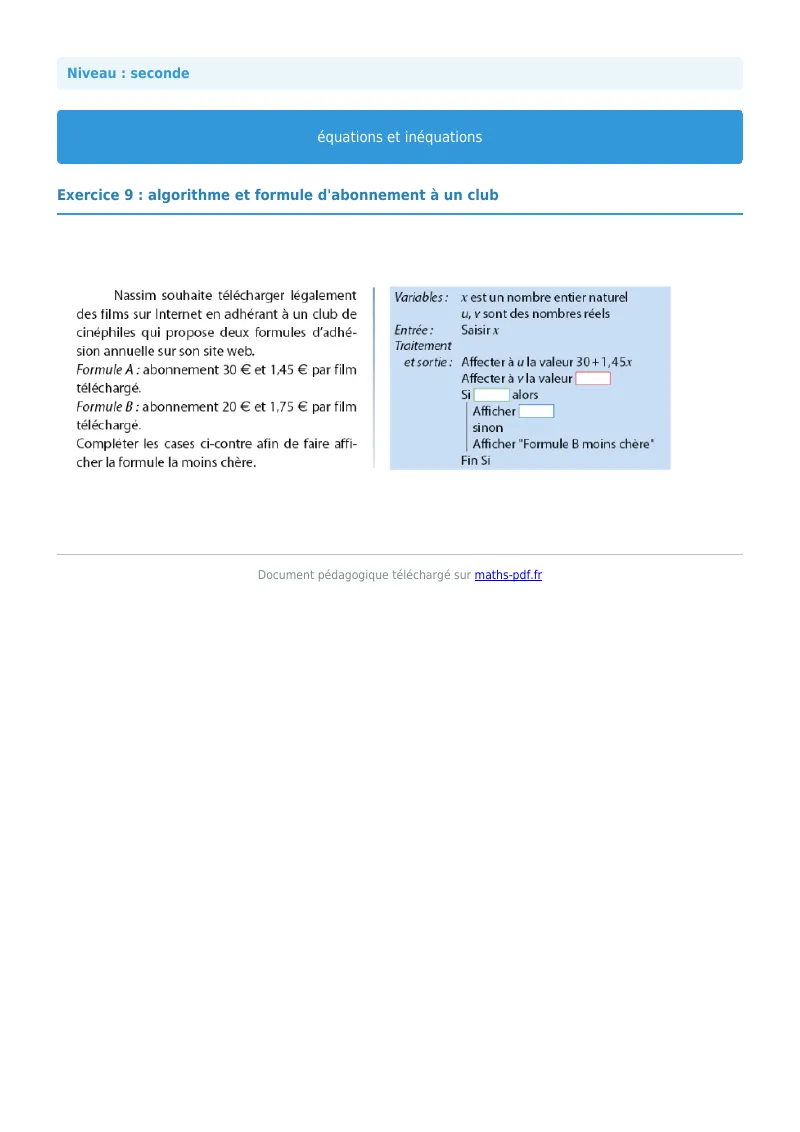 Les équations et inéquations : exercice n°9 de maths en seconde corrigé en PDF