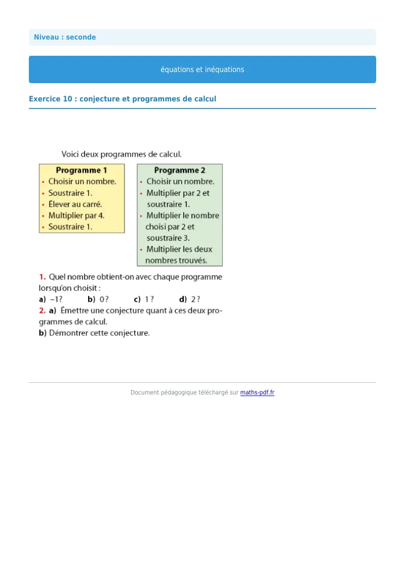 Les équations et inéquations : exercice n°10 de maths en seconde corrigé en PDF