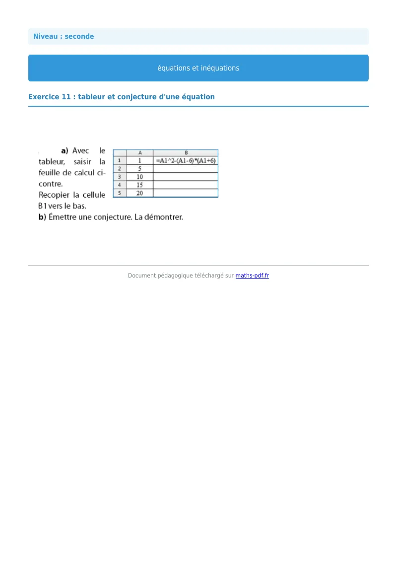 Les équations et inéquations : exercice n°11 de maths en seconde corrigé en PDF
