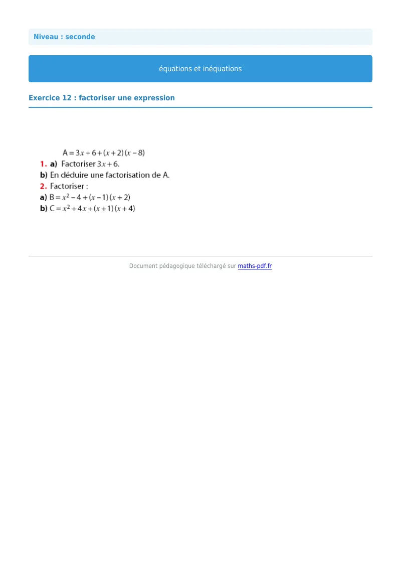 Les équations et inéquations : exercice n°12 de maths en seconde corrigé en PDF