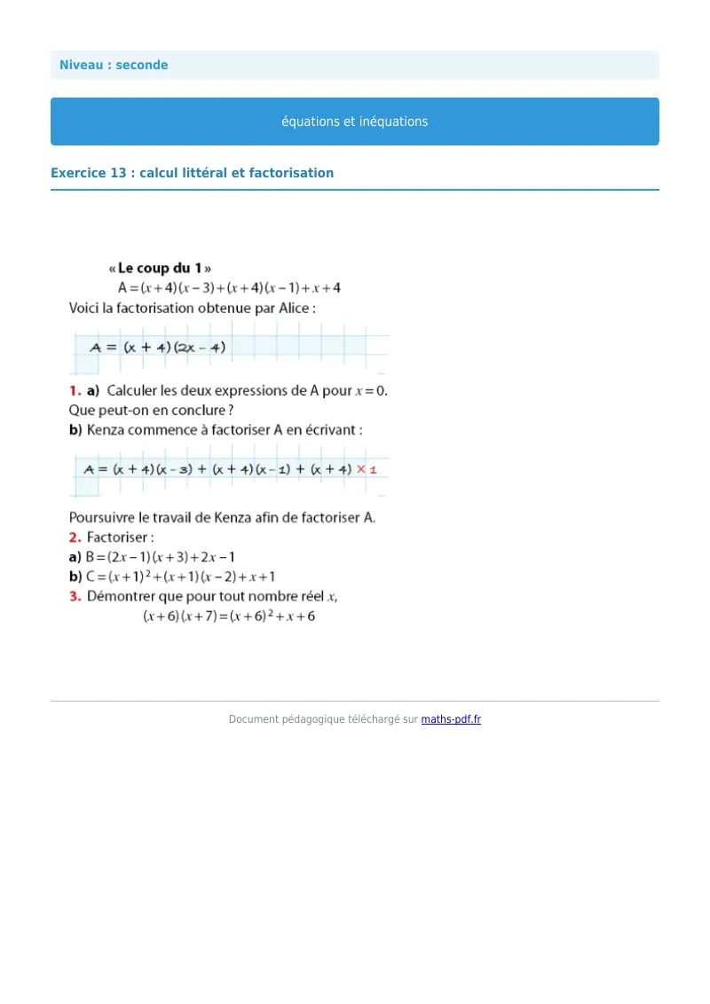 Les équations et inéquations : exercice n°13 de maths en seconde corrigé en PDF