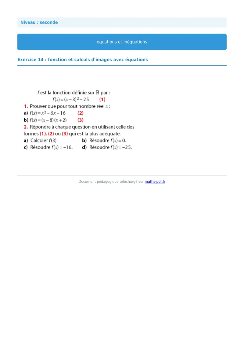 Les équations et inéquations : exercice n°14 de maths en seconde corrigé en PDF