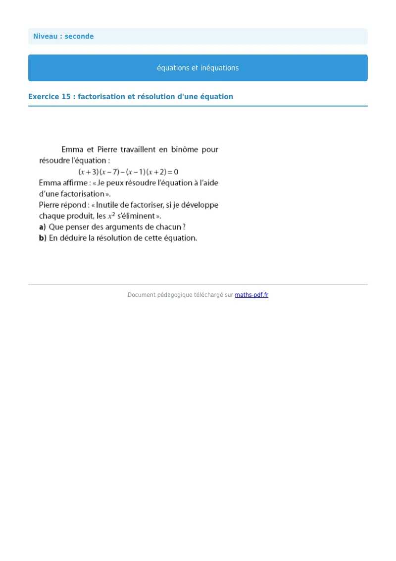 Les équations et inéquations : exercice n°15 de maths en seconde corrigé en PDF