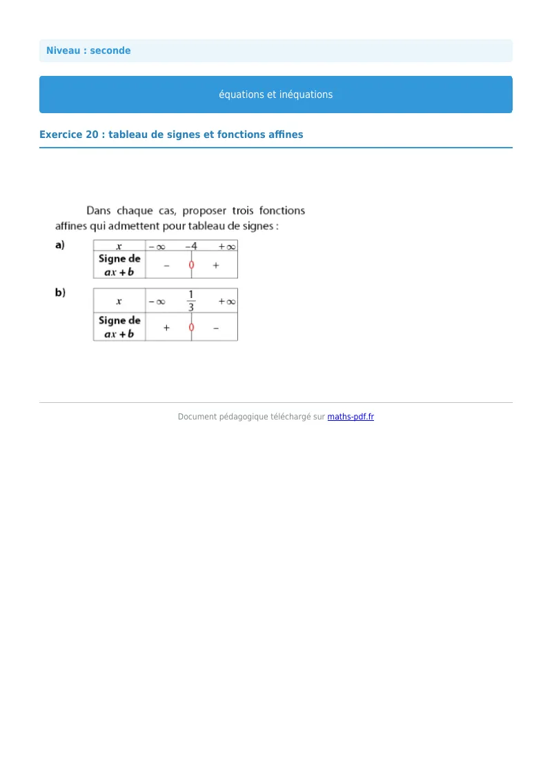 Les équations et inéquations : exercice n°20 de maths en seconde corrigé en PDF