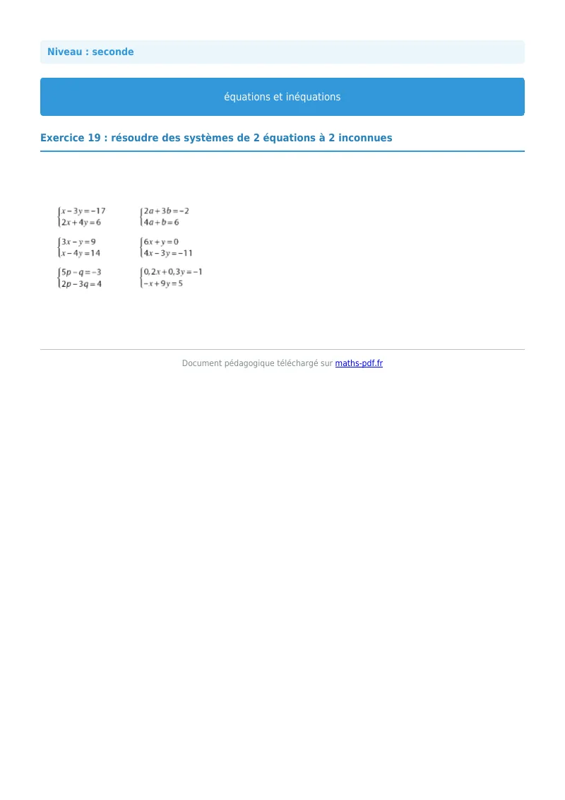 Les équations et inéquations : exercice n°19 de maths en seconde corrigé en PDF