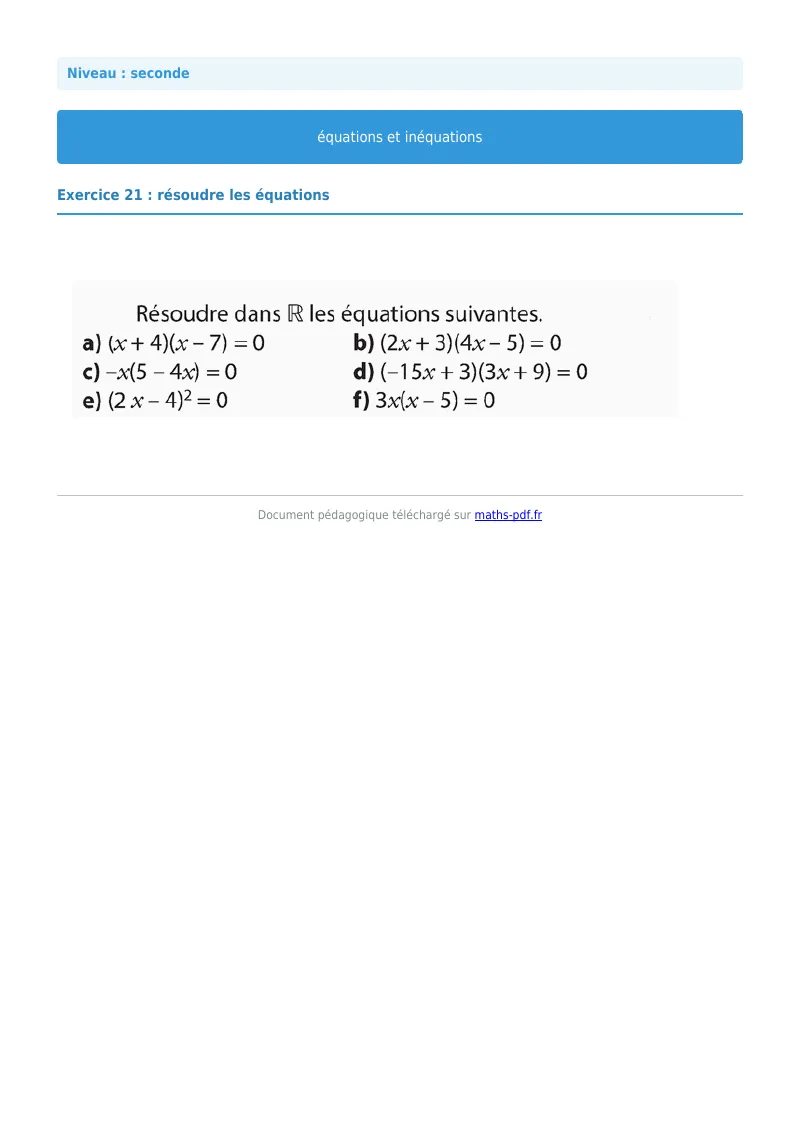 Les équations et inéquations : exercice n°21 de maths en seconde corrigé en PDF