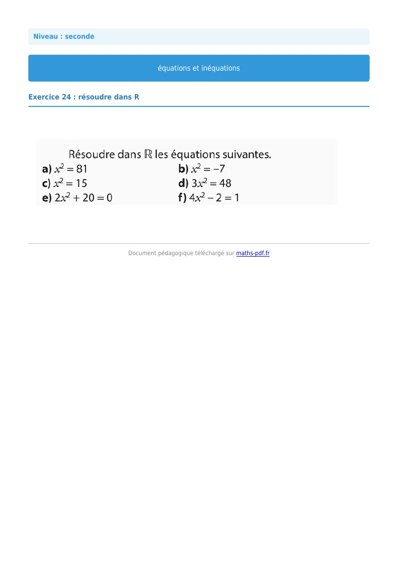 Les équations et inéquations : exercice n°24 de maths en seconde corrigé en PDF