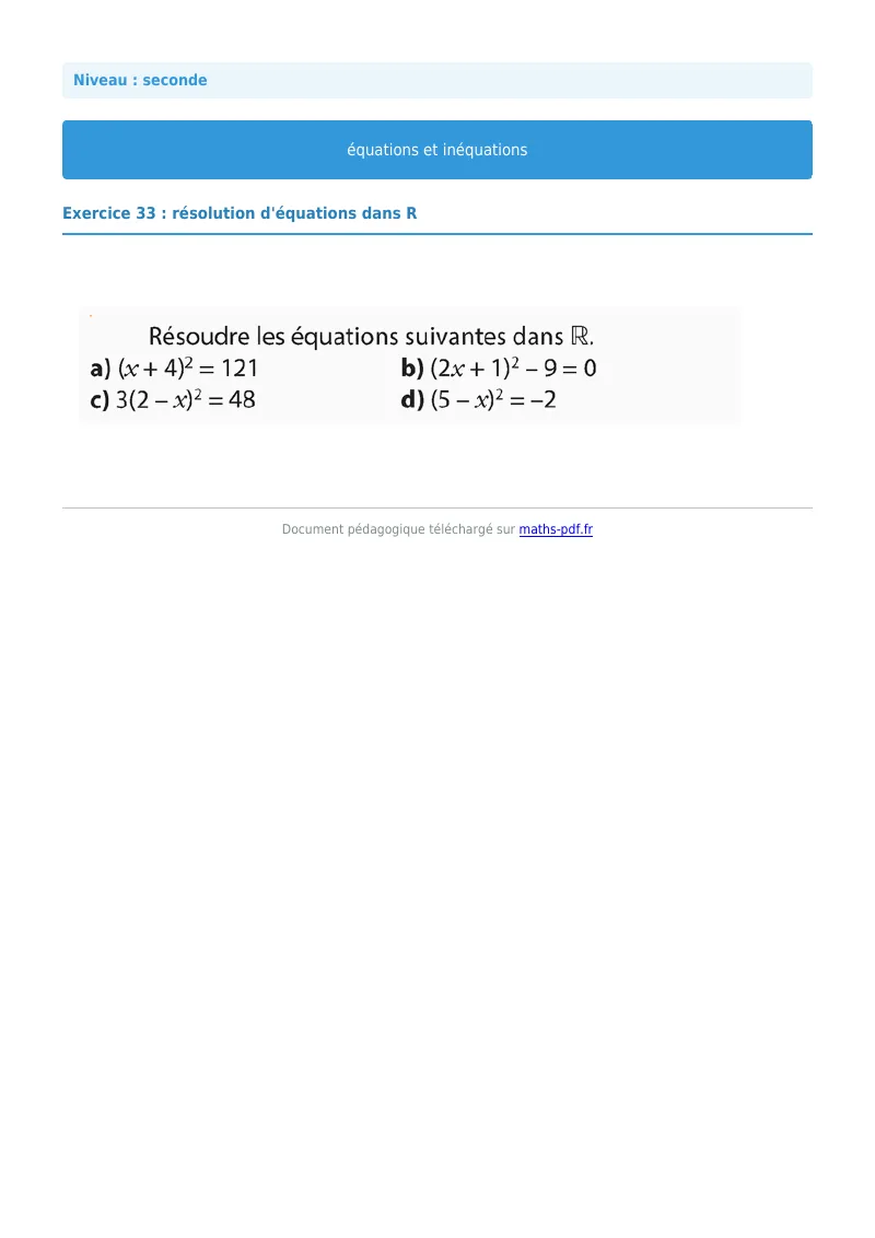 Les équations et inéquations : exercice n°33 de maths en seconde corrigé en PDF