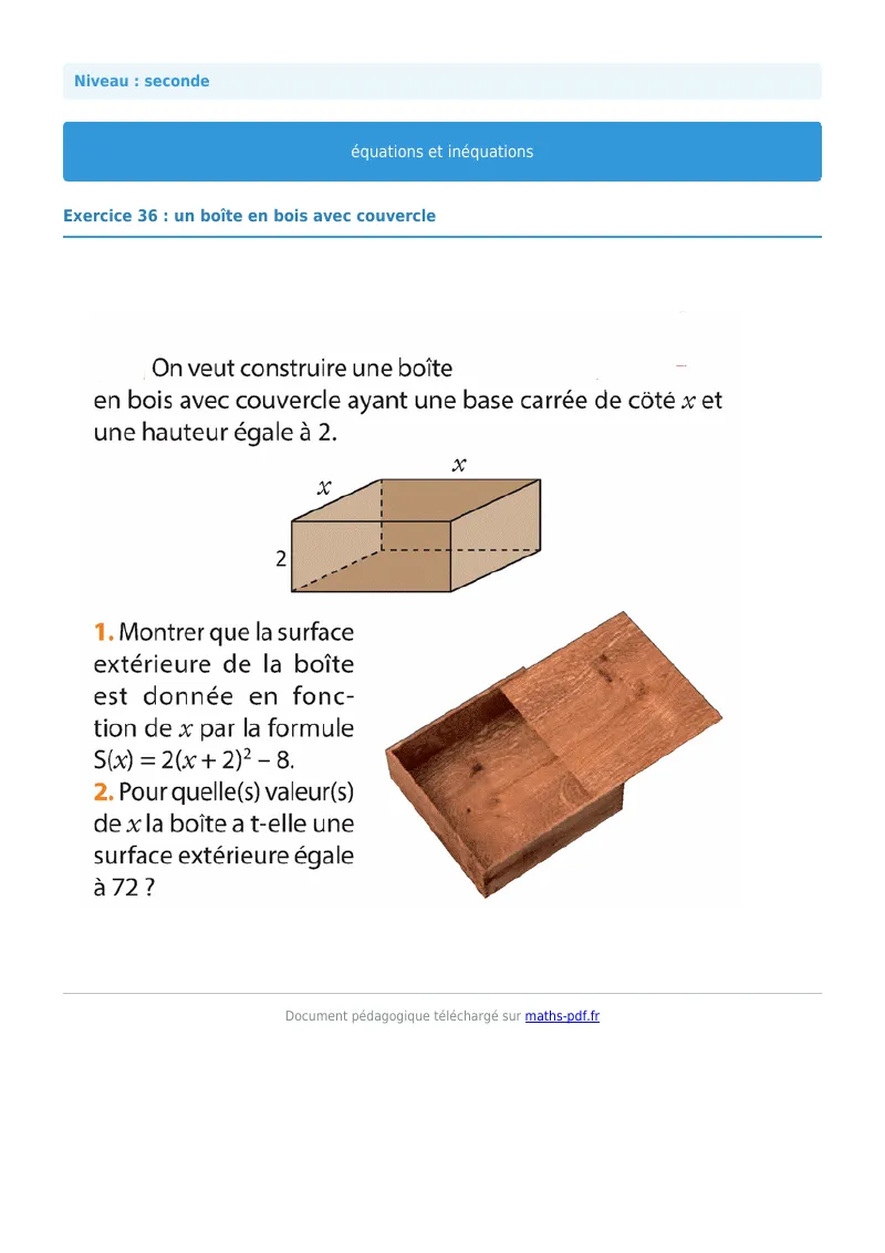 Les équations et inéquations : exercice n°36 de maths en seconde corrigé en PDF