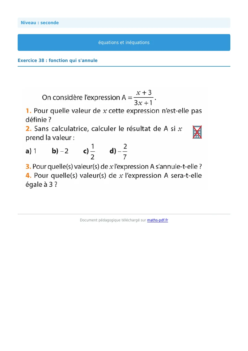 Les équations et inéquations : exercice n°38 de maths en seconde corrigé en PDF
