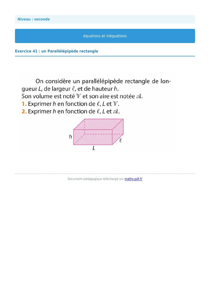 Les équations et inéquations : exercice n°41 de maths en seconde corrigé en PDF