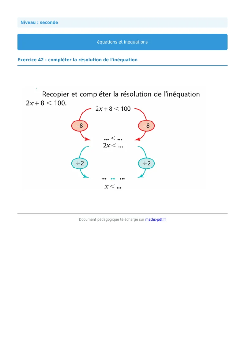 Les équations et inéquations : exercice n°42 de maths en seconde corrigé en PDF
