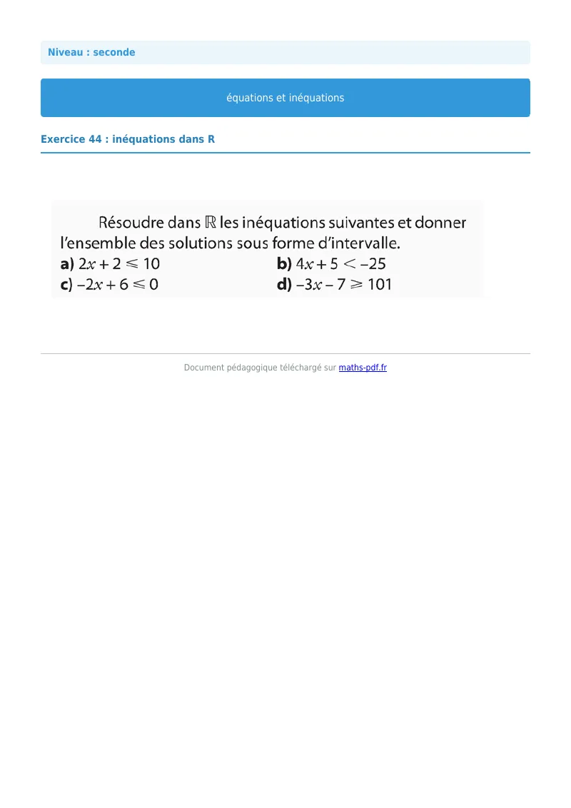 Les équations et inéquations : exercice n°44 de maths en seconde corrigé en PDF