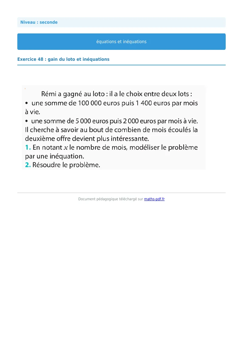 Les équations et inéquations : exercice n°48 de maths en seconde corrigé en PDF