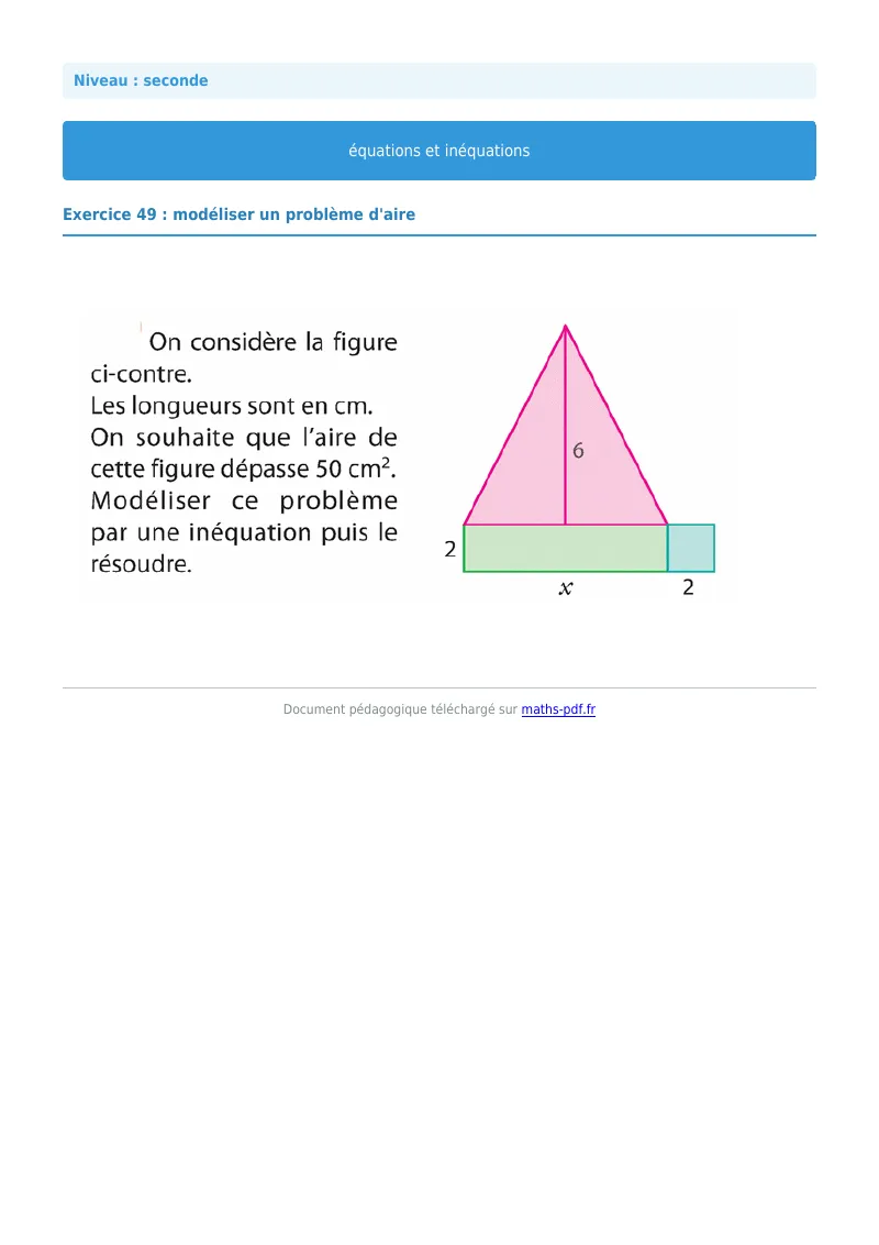 Les équations et inéquations : exercice n°49 de maths en seconde corrigé en PDF
