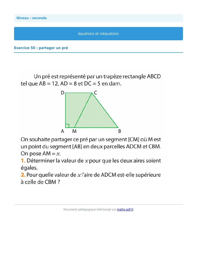 Les équations et inéquations : exercice n°50 de maths en seconde corrigé en PDF