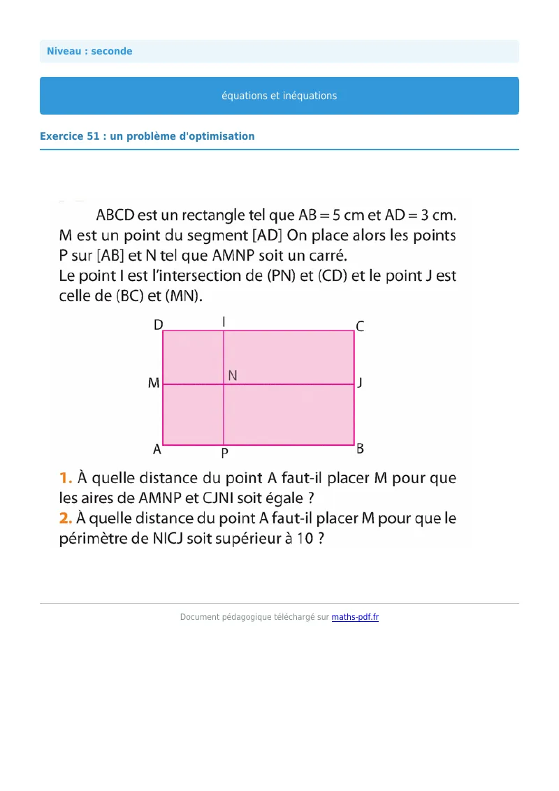 Les équations et inéquations : exercice n°51 de maths en seconde corrigé en PDF
