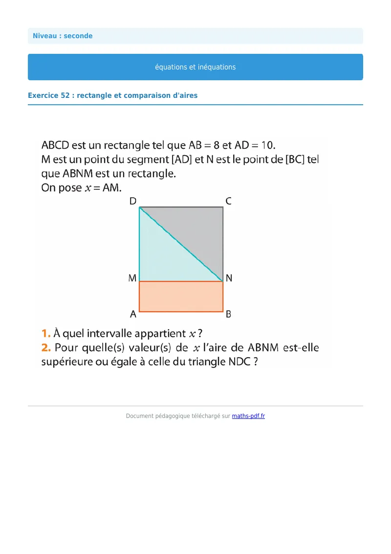 Les équations et inéquations : exercice n°52 de maths en seconde corrigé en PDF