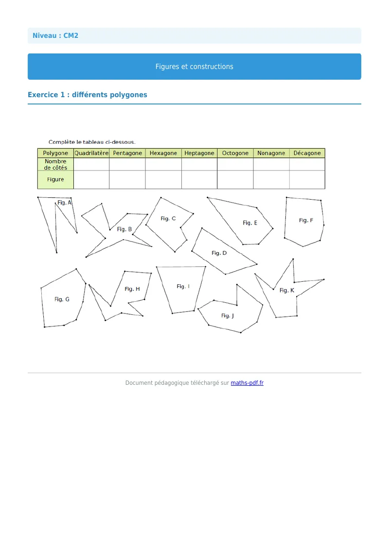 Figures et construction : exercice n°1 de maths en CM2 corrigé en PDF