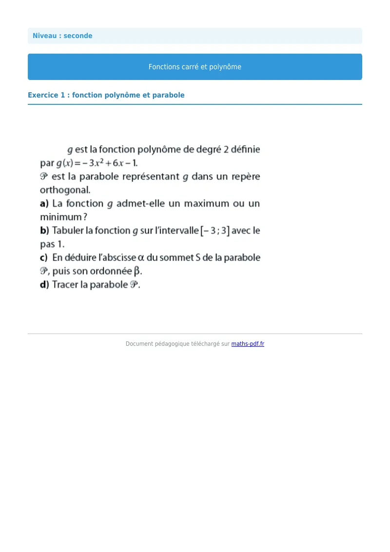 Fonction carrée et polynôme : exercice n°1 de maths en seconde corrigé en PDF