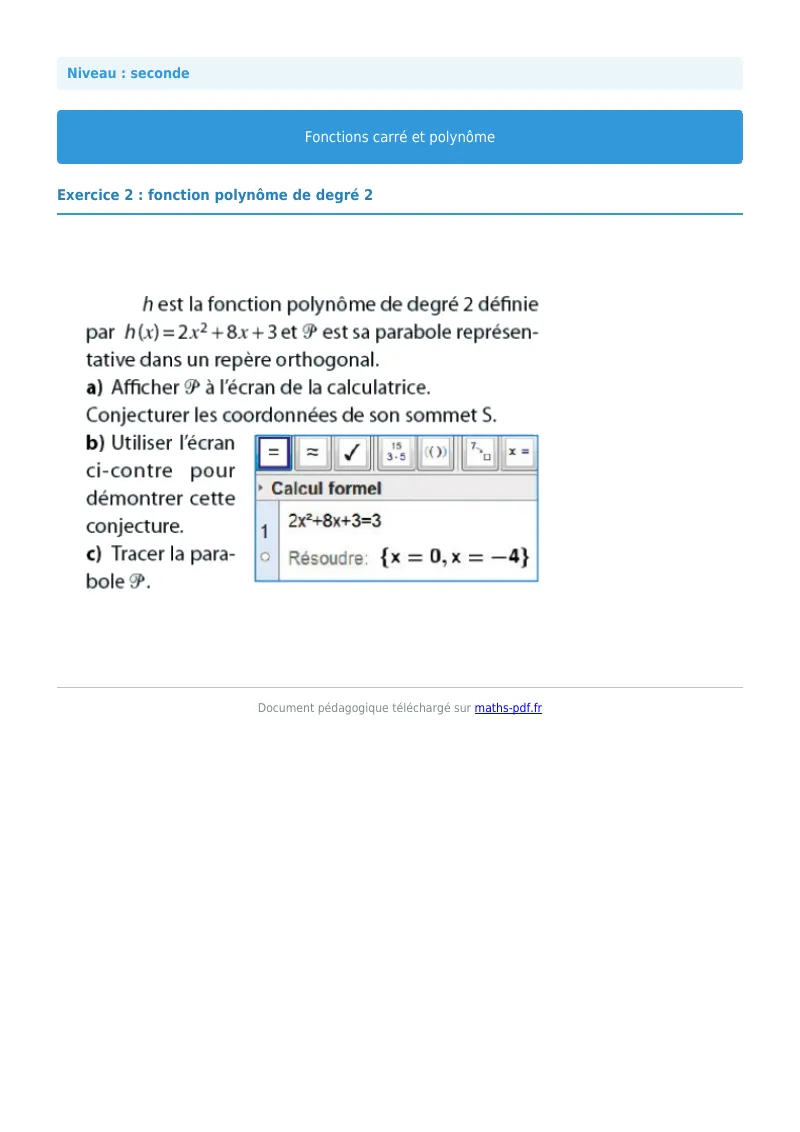 Fonction carrée et polynôme : exercice n°2 de maths en seconde corrigé en PDF