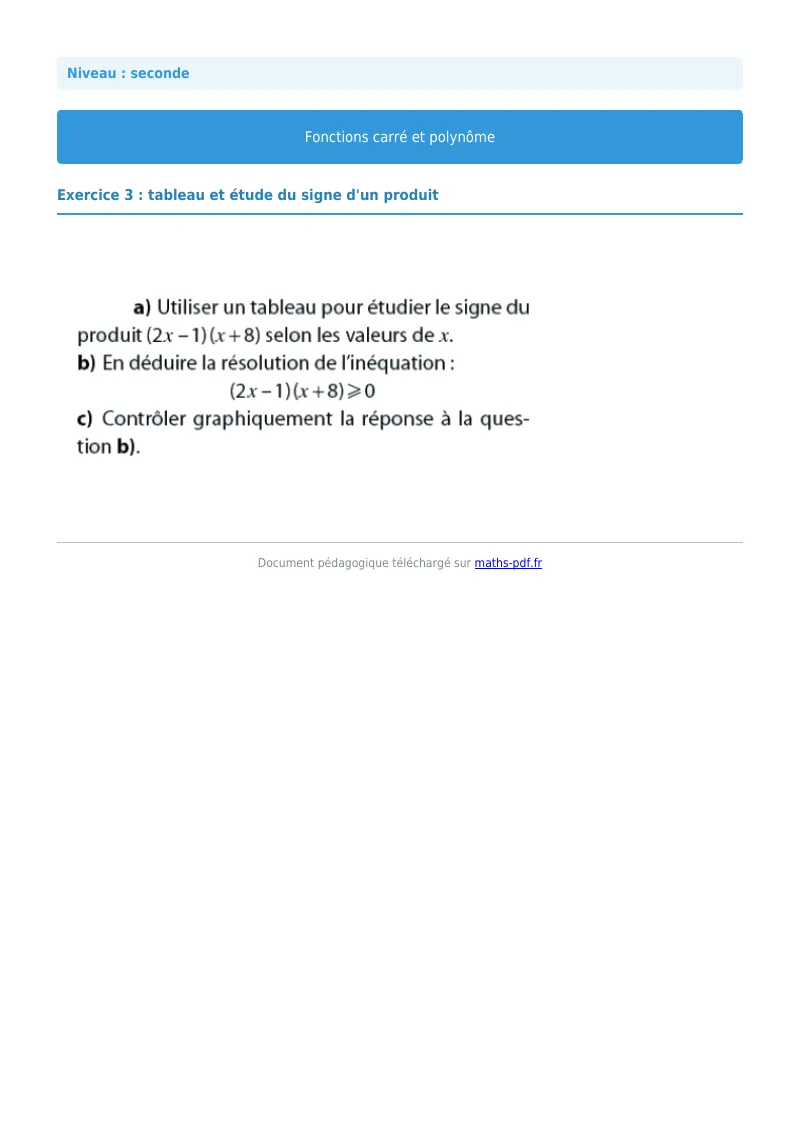 Fonction carrée et polynôme : exercice n°3 de maths en seconde corrigé en PDF