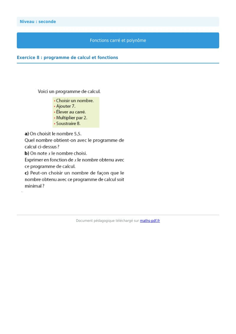 Fonction carrée et polynôme : exercice n°8 de maths en seconde corrigé en PDF