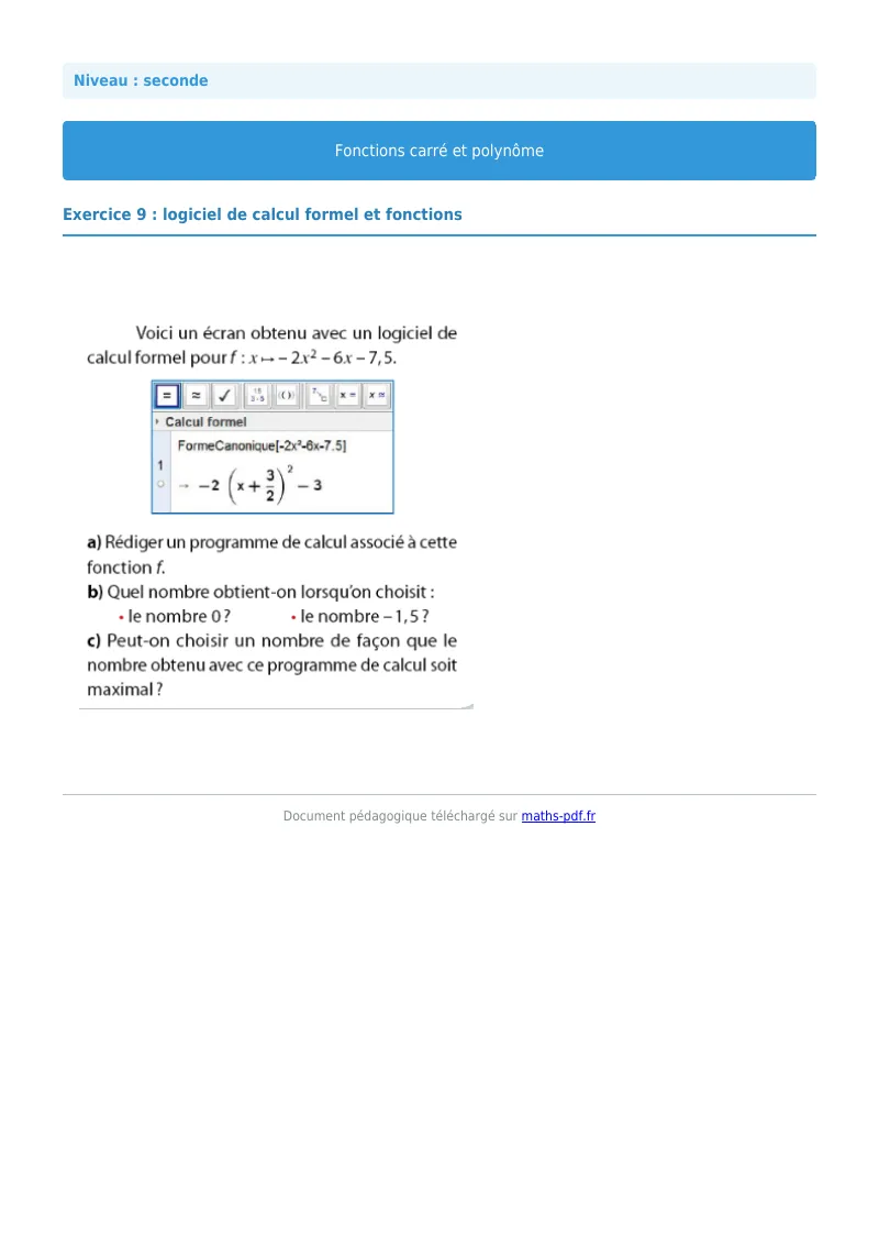 Fonction carrée et polynôme : exercice n°9 de maths en seconde corrigé en PDF