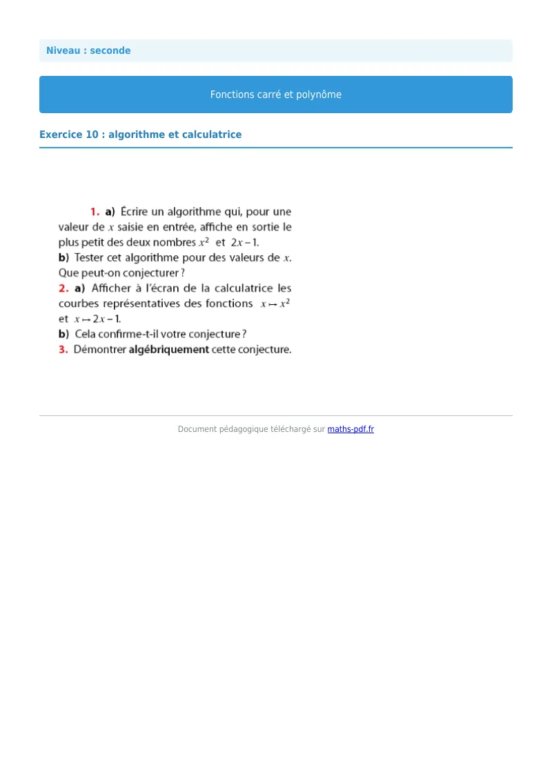 Fonction carrée et polynôme : exercice n°10 de maths en seconde corrigé en PDF