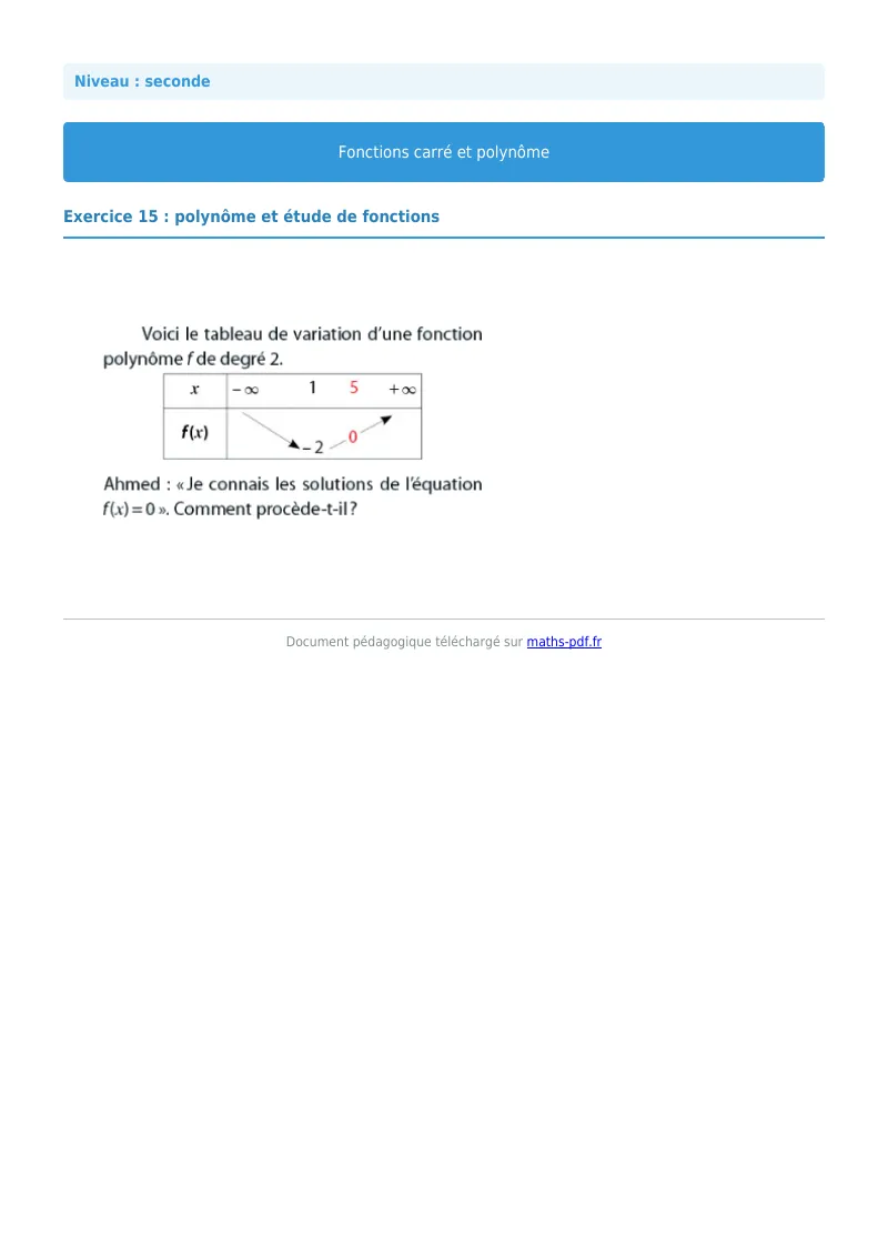 Fonction carrée et polynôme : exercice n°15 de maths en seconde corrigé en PDF