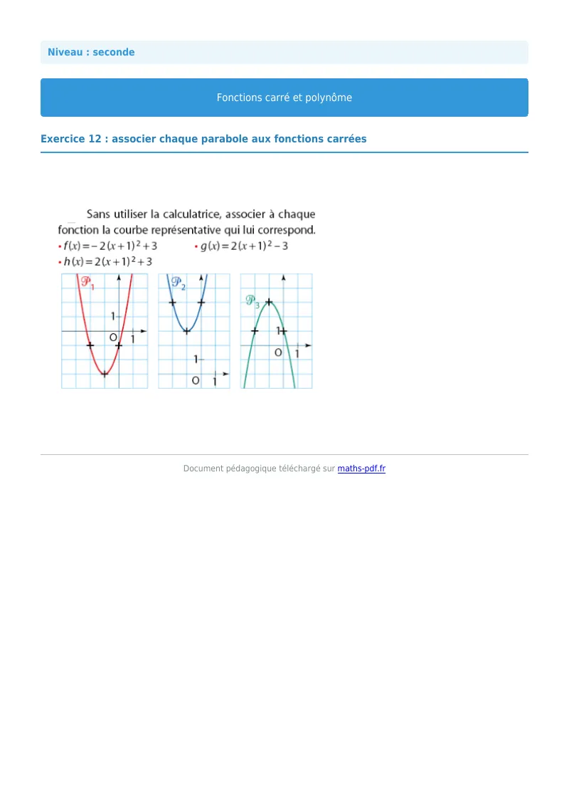 Fonction carrée et polynôme : exercice n°12 de maths en seconde corrigé en PDF