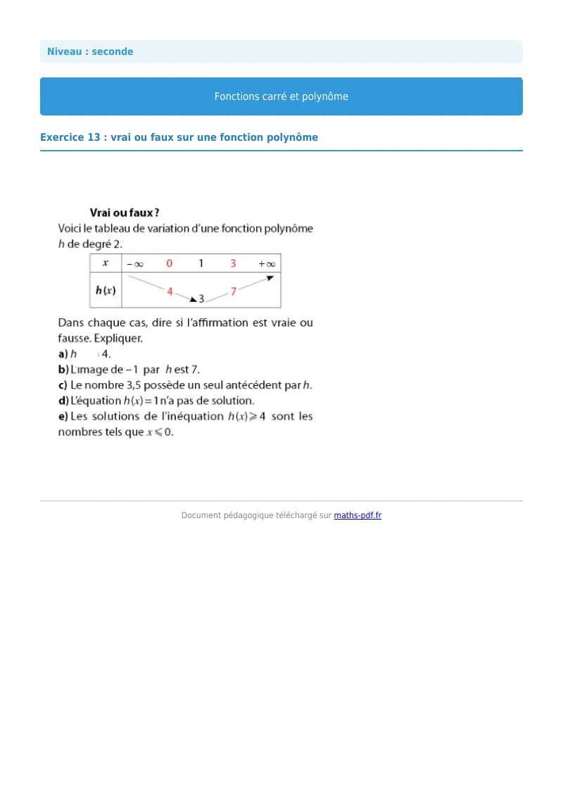 Fonction carrée et polynôme : exercice n°13 de maths en seconde corrigé en PDF