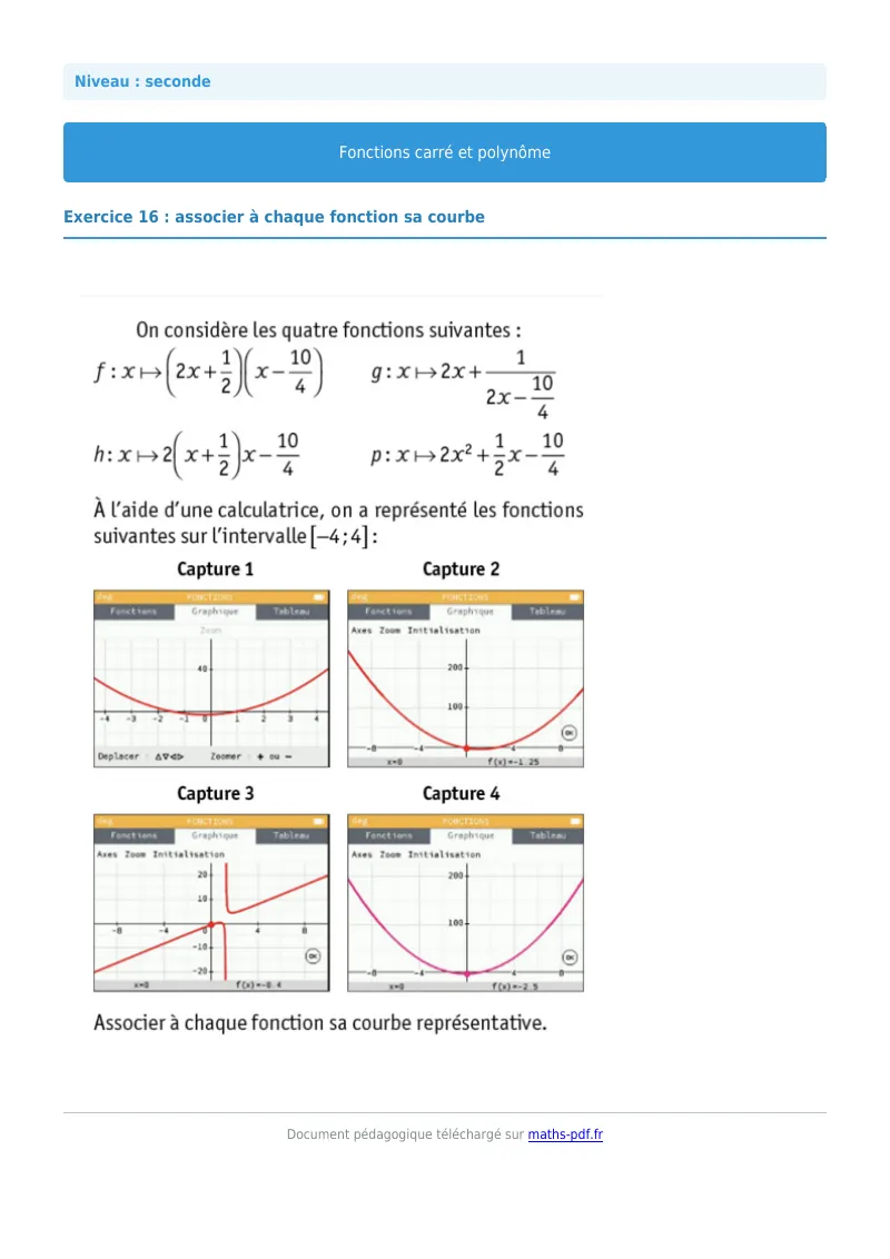 Fonction carrée et polynôme : exercice n°16 de maths en seconde corrigé en PDF