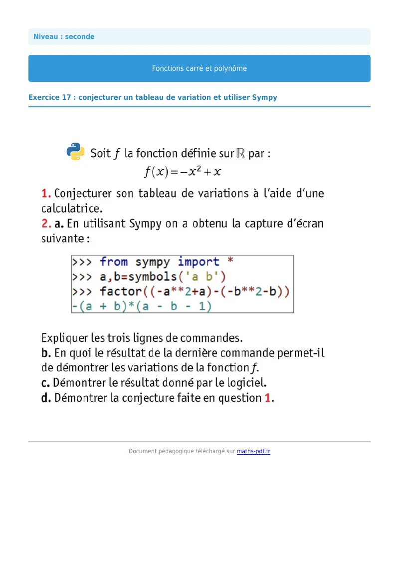Fonction carrée et polynôme : exercice n°17 de maths en seconde corrigé en PDF