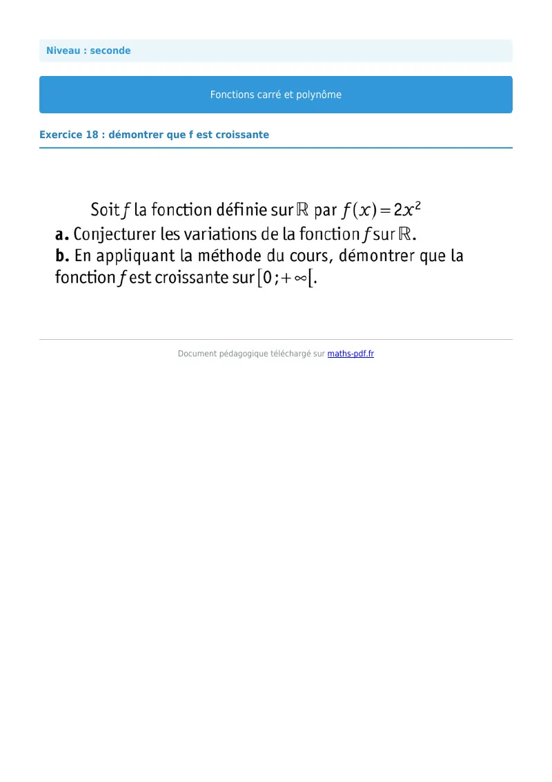 Fonction carrée et polynôme : exercice n°18 de maths en seconde corrigé en PDF