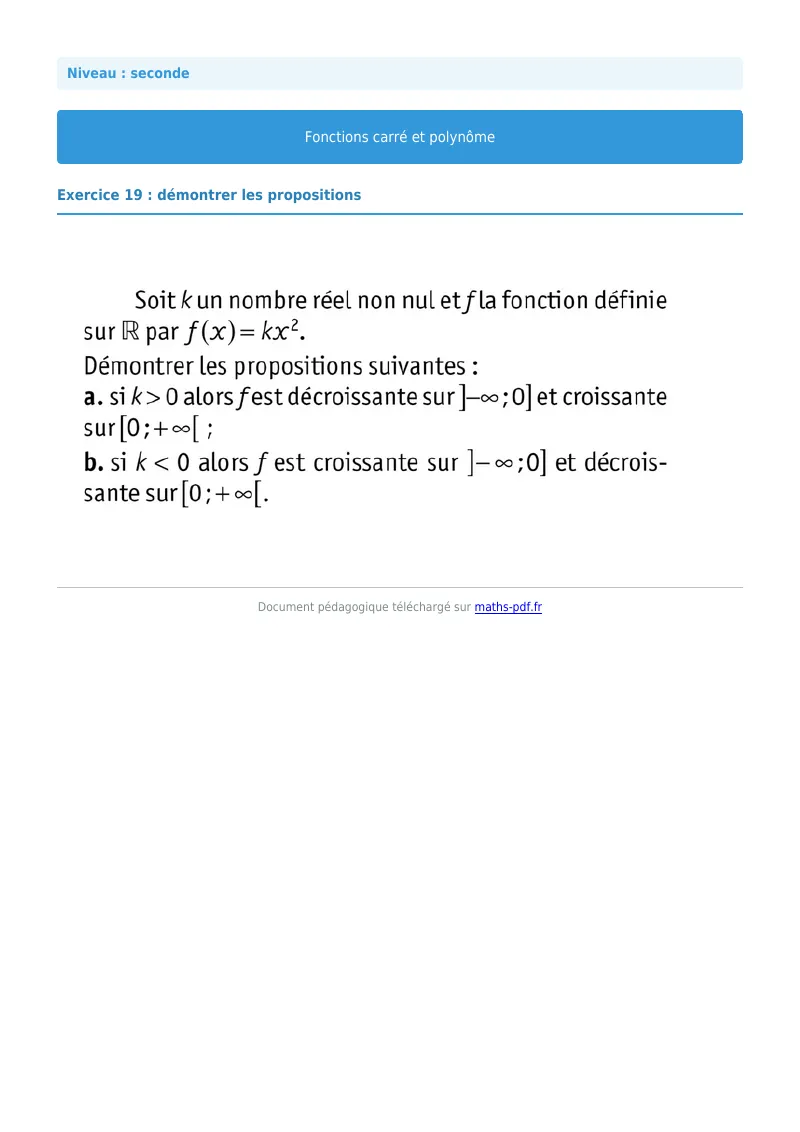 Fonction carrée et polynôme : exercice n°19 de maths en seconde corrigé en PDF