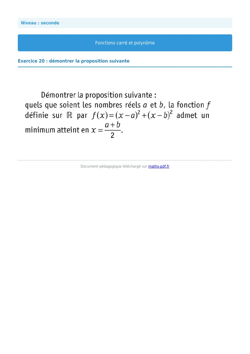 Fonction carrée et polynôme : exercice n°20 de maths en seconde corrigé en PDF