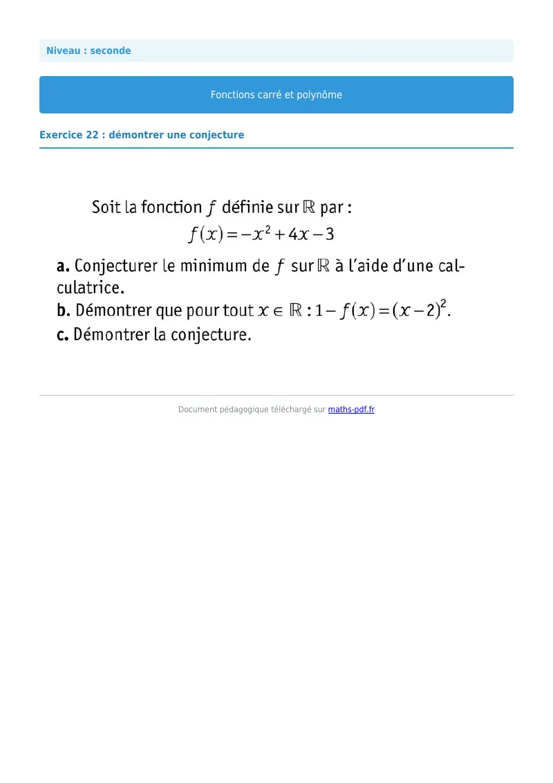Fonction carrée et polynôme : exercice n°22 de maths en seconde corrigé en PDF