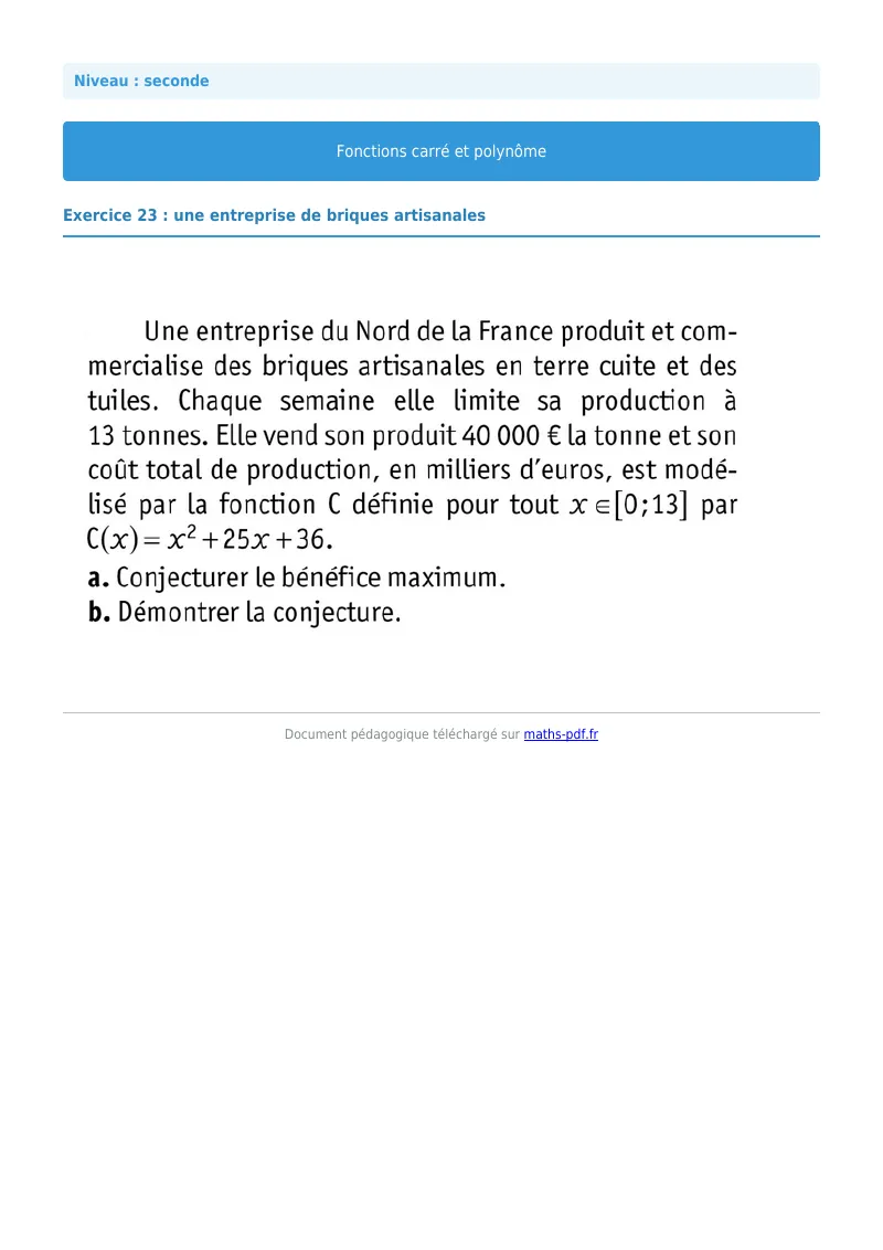 Fonction carrée et polynôme : exercice n°23 de maths en seconde corrigé en PDF